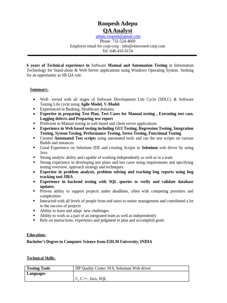 Experienced QA Analyst Resume | PDF | Software Testing | Selenium ...