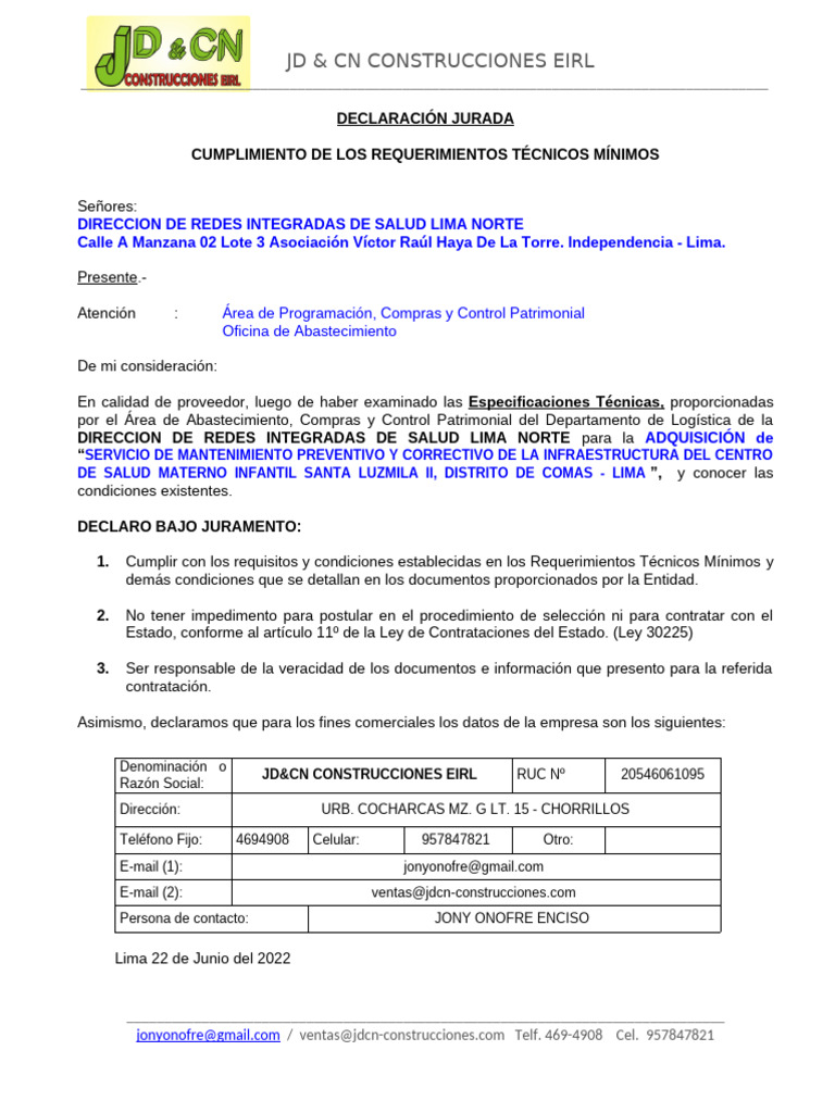 Declaración Jurada de Cumplimiento Técnico | PDF