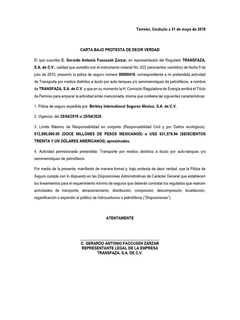 Carta de Protesta de Gerardo Faccuseh | PDF