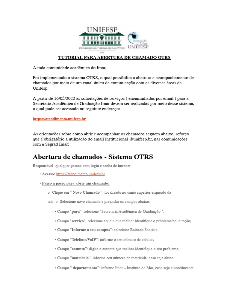 Como Abrir Chamado no OTRS Unifesp | PDF | Ciberespaço | Informática