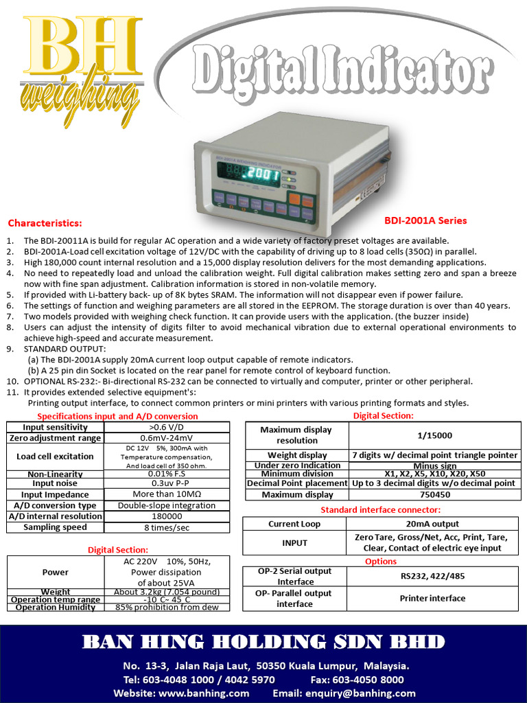 BDI-2001A Load Cell Specifications | PDF | Analog To Digital Converter ...