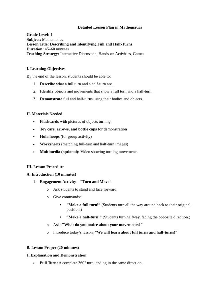 Grade 1 Math: Full and Half-Turns Lesson | PDF | Lesson Plan | Learning