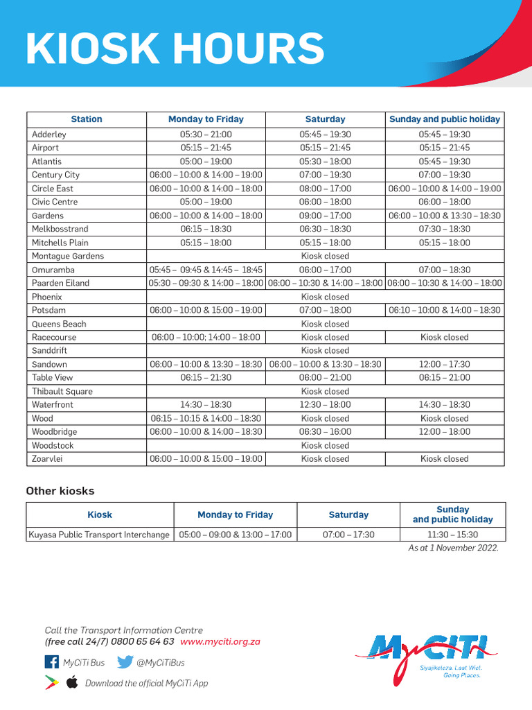 MyCiTi Kiosk Hours and Timetable | PDF | Bus Transport | Rapid Transit