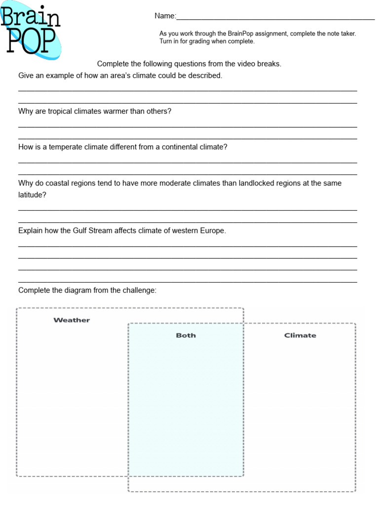 Weather and Climate BrainPop Notetaker. | PDF