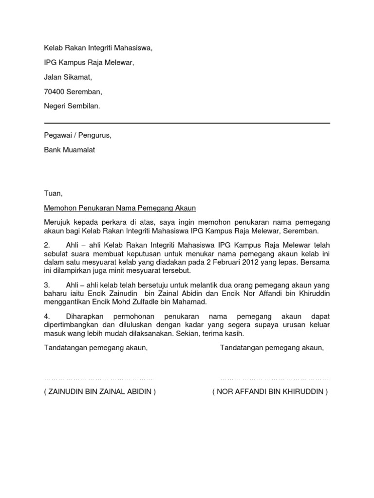 Contoh Surat Akuan Tukar Nama Contoh Surat
