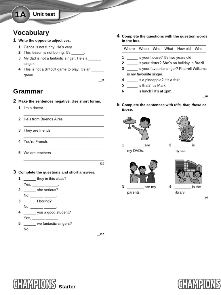 Champions Starter Unit Test 1 A | PDF | Human Communication | Grammar
