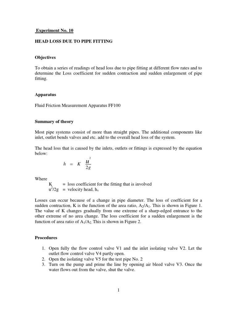 Head Loss Due To Pipe Fitting Pdf Valve Flow Measurement