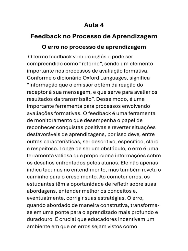 Feedback Construtivo na Aprendizagem | PDF | Aprendizado | Comentários