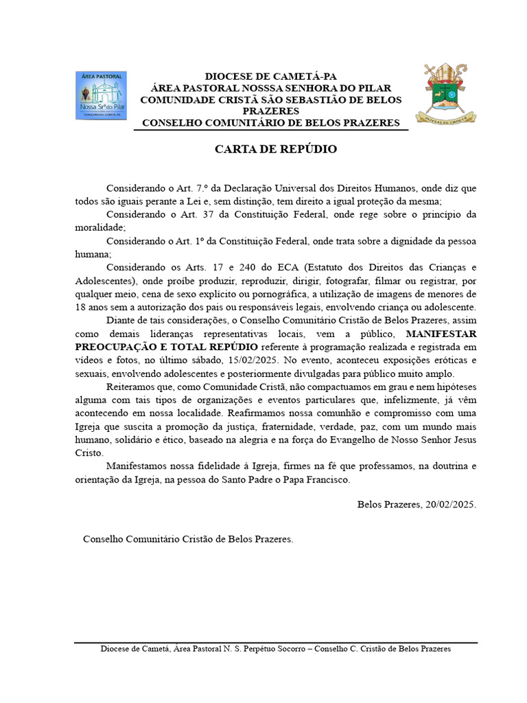 Repúdio a Evento Inadequado em Belos Prazeres | PDF
