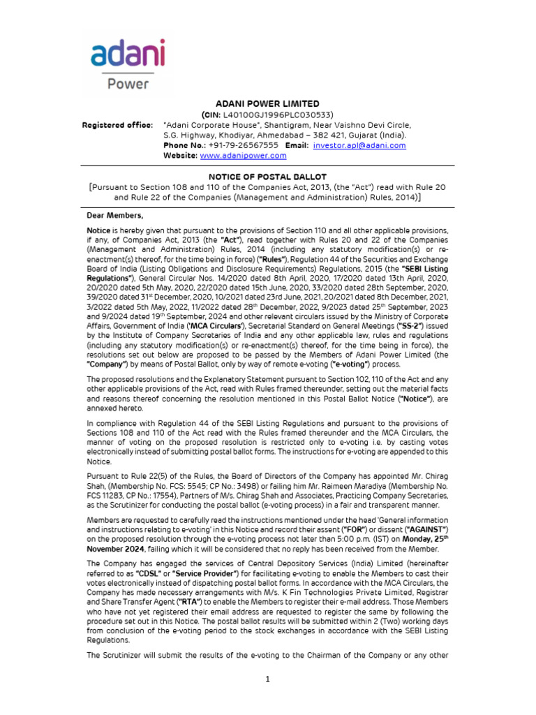 Adani Power Postal Ballot Notice 2024 | PDF | Electronic Voting | Login