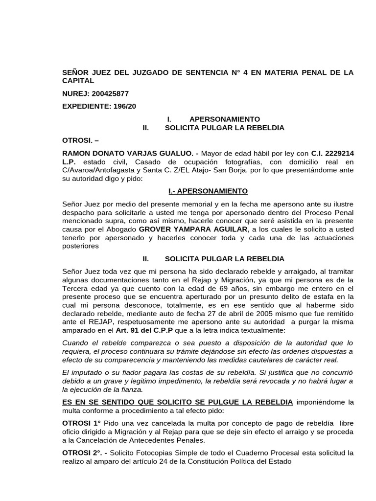 Solicitud de Purgado de Rebeldía Penal | PDF | Ley Pública | Justicia