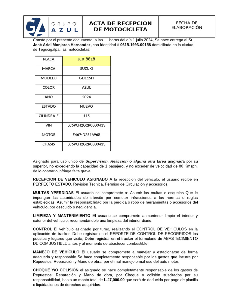 Recepción de Motocicleta M17 | PDF | Vehículos terrestres | Vehículo de ...