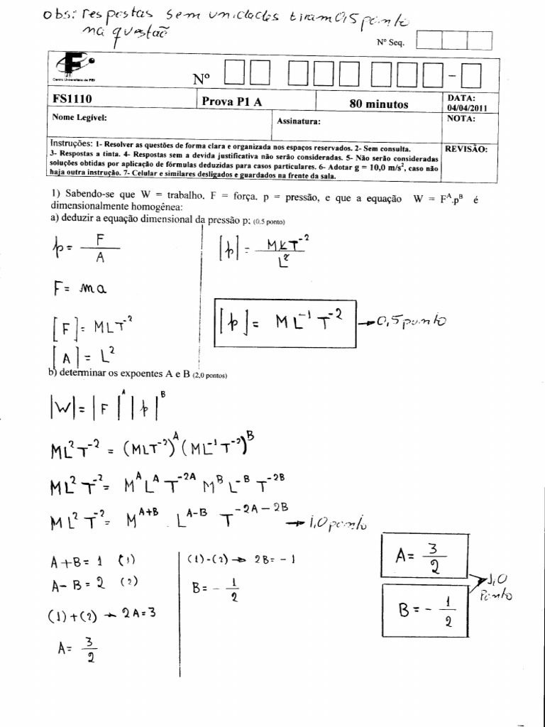 FS 1110 - Gabarito Da P1 - Turma 1 | PDF