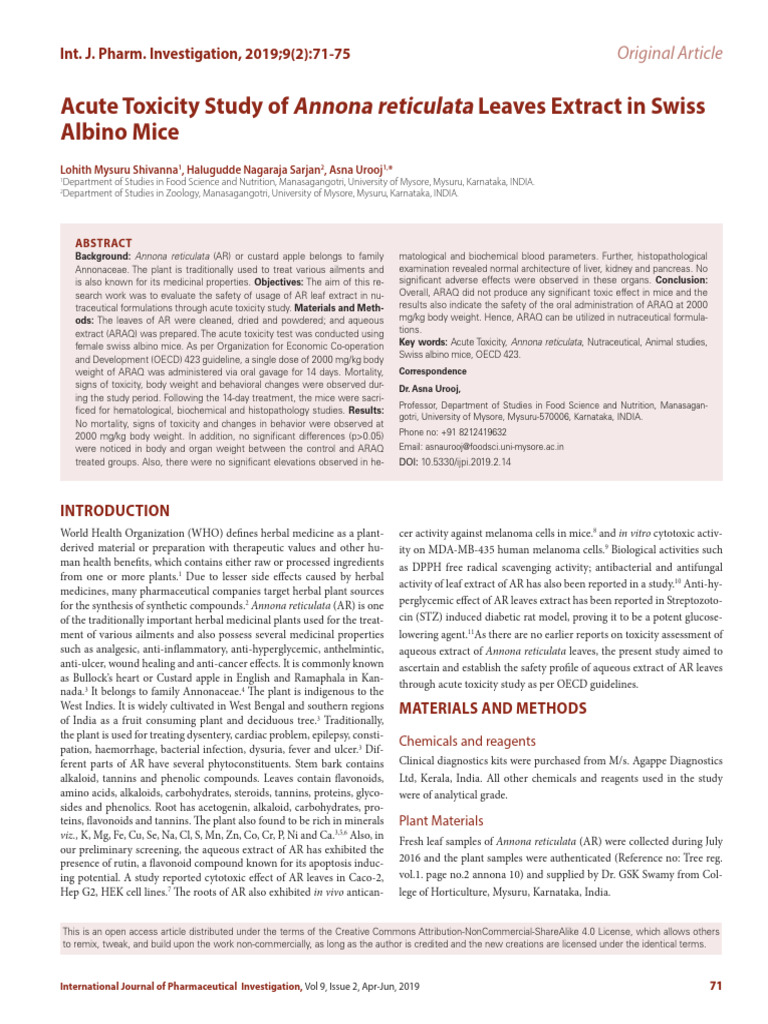 Acute Toxicity of Annona reticulata Extract | PDF | Toxicity