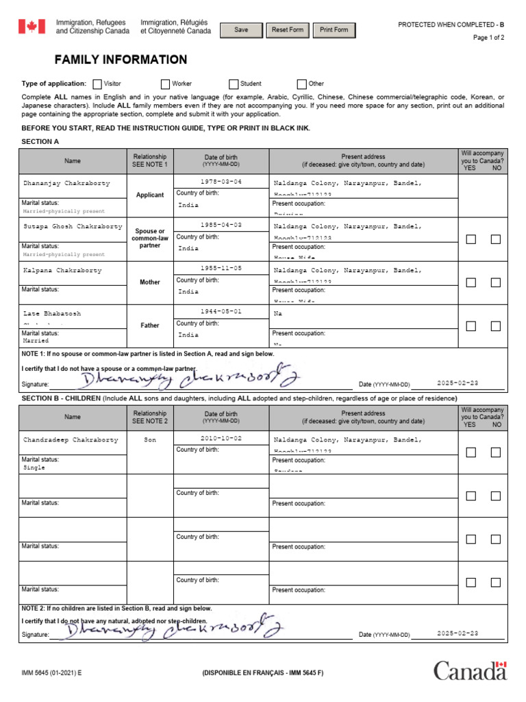 Family Information for Canada Visa | PDF