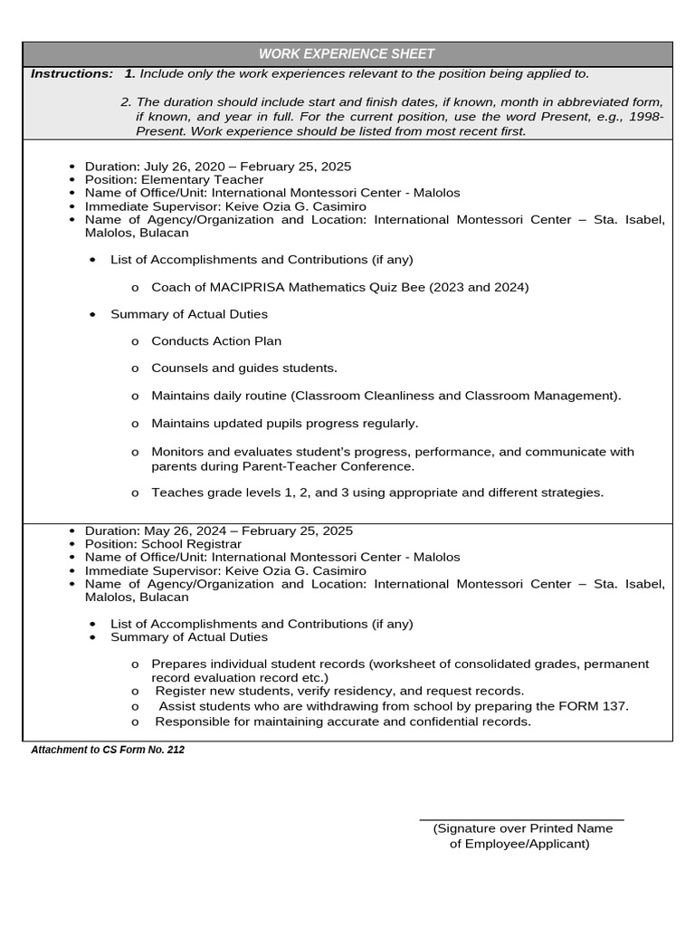 Work Experience Sheet for Educators | PDF | Education Theory | Behavior ...