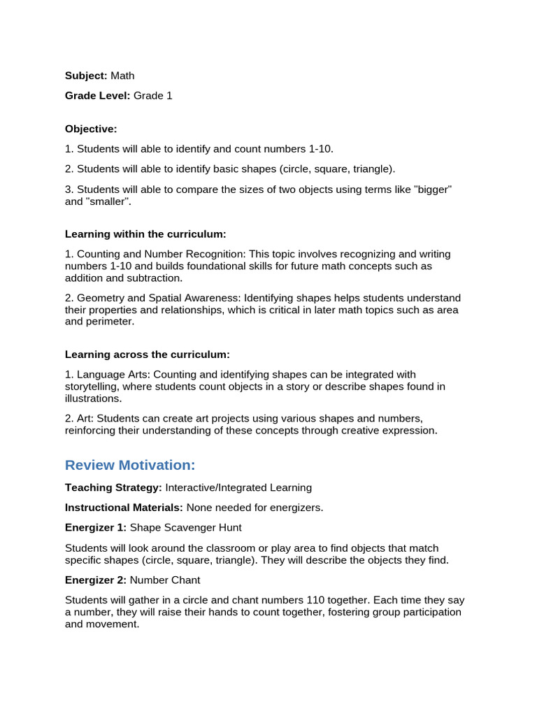 Grade 1 Math: Numbers & Shapes Lesson | PDF | Shape | Mathematics