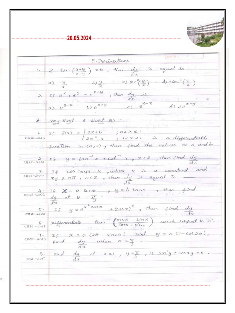 Class XII Differentiation Assignment 2 | PDF