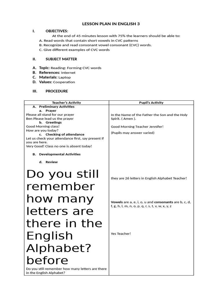 CVC Words Lesson Plan for English 3 | PDF | Consonant | English Language