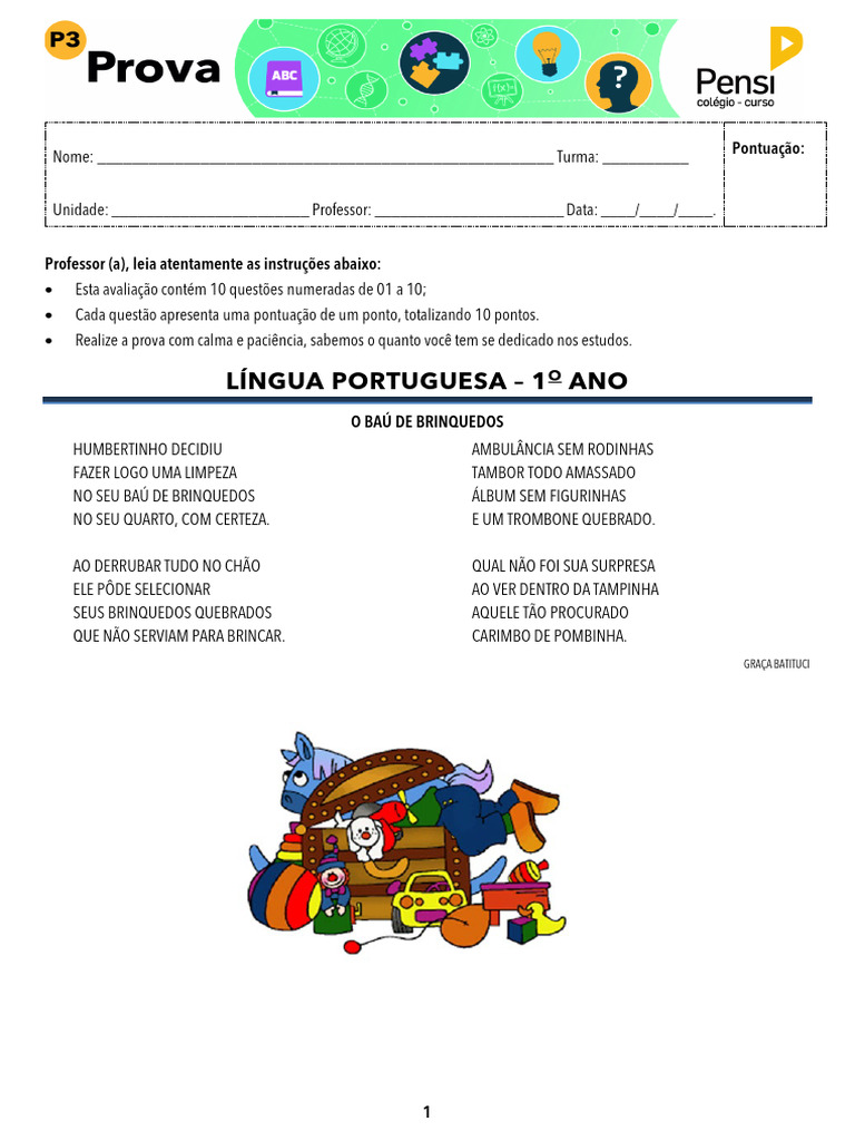 Avaliação de Língua Portuguesa 1º Ano | PDF