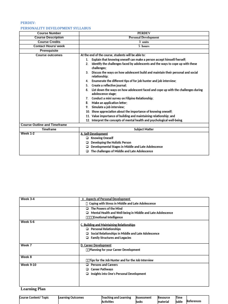 Personal Development Syllabus for Adolescents | PDF | Adolescence ...