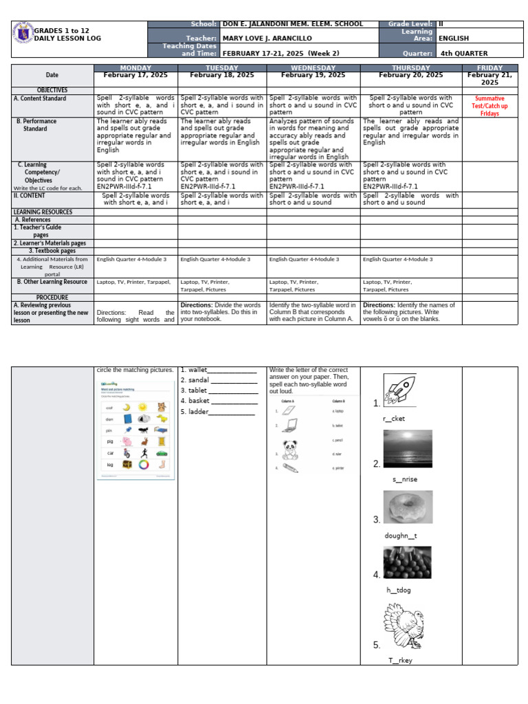 Grade 2 English Lesson Plan: Spelling CVC Words | PDF | Syllable ...