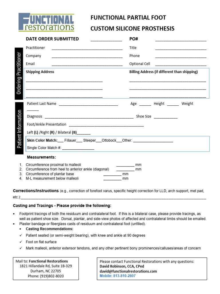 Custom Silicone Prosthesis Order Form | PDF | Foot | Ankle
