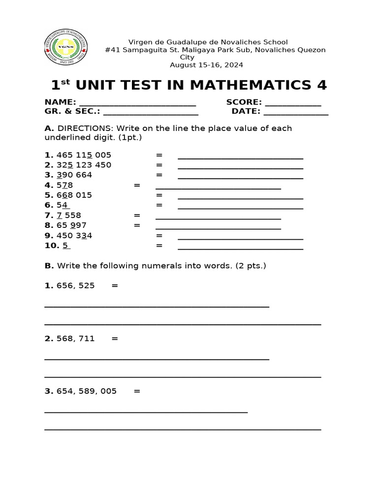 1st Unit Test Mathematics 2024-2025 | PDF | Set (Mathematics) | Mathematics