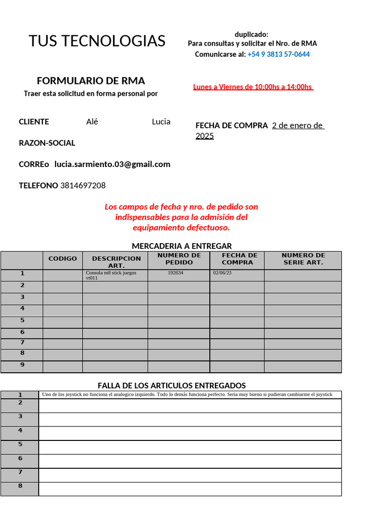 Formulario-de-RMA- Lucia Alé | PDF