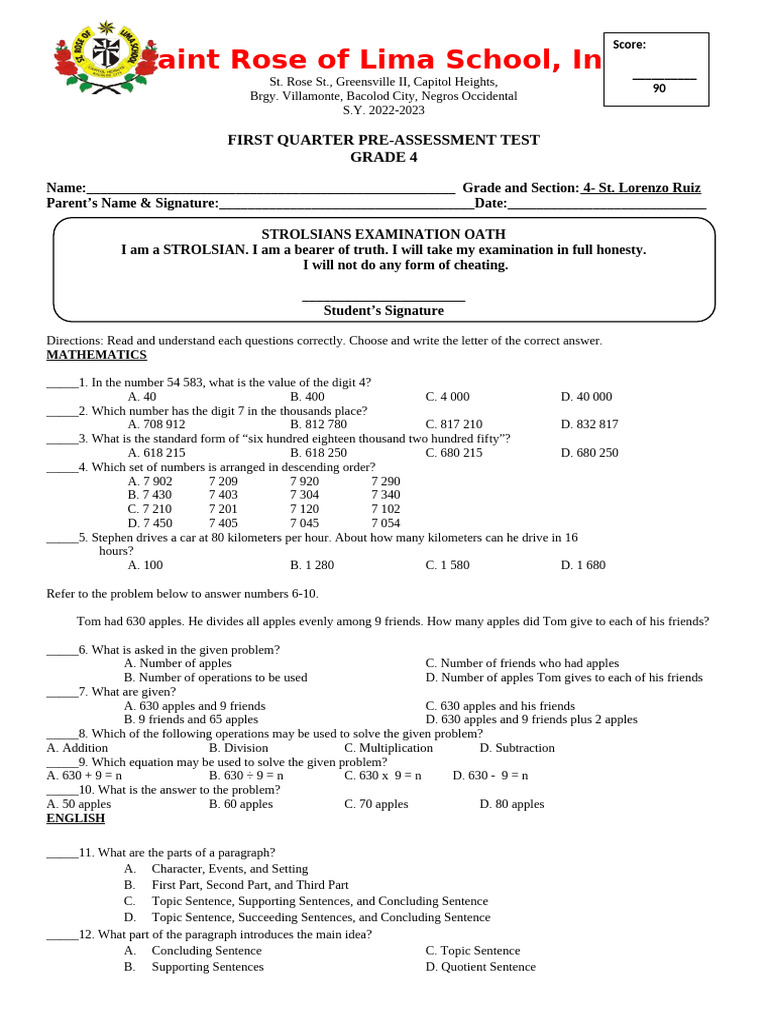 Grade 4 Pre - Assessment | PDF | Foods | Central Processing Unit