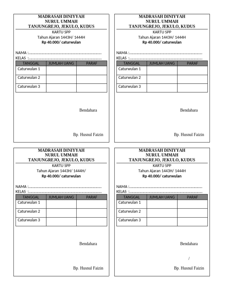 Contoh Kartu SPP Madrasah Diniyah | PDF