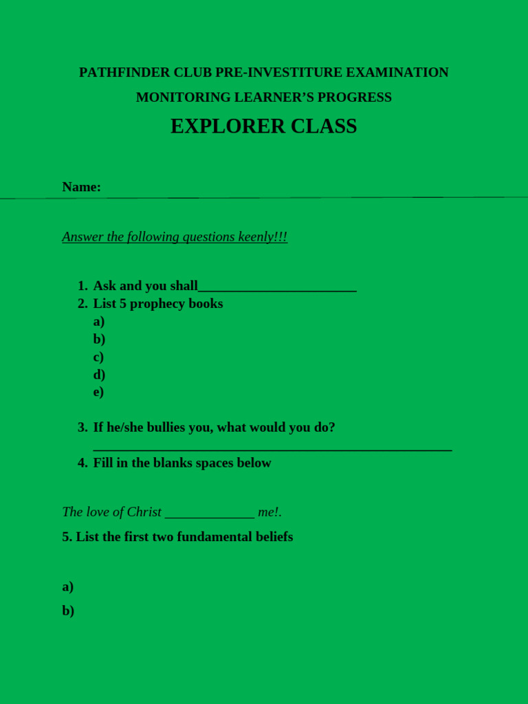 Explorer Class Assesment | PDF