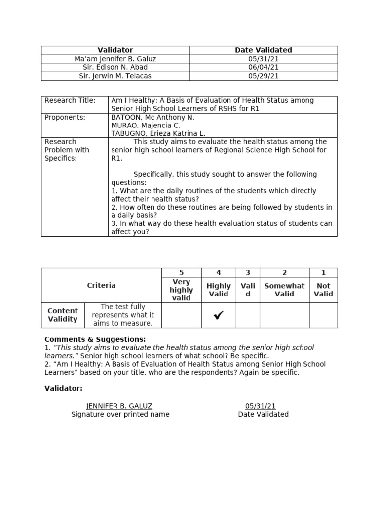 Health Status Evaluation for RSHS Students | PDF