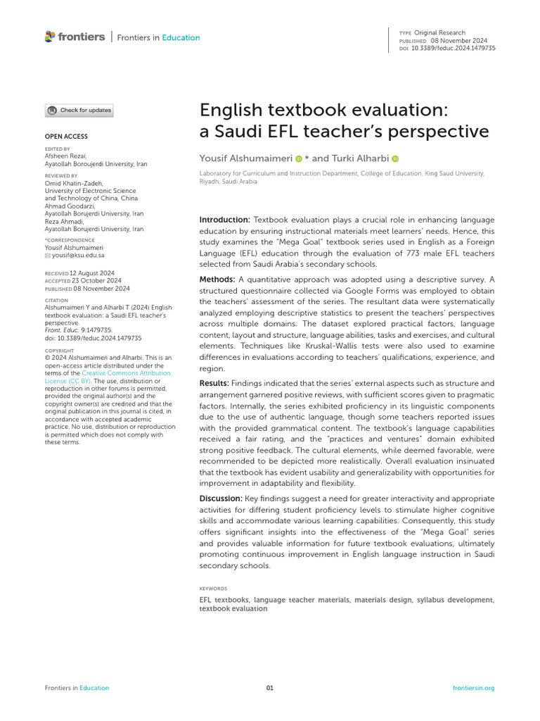 English Textbook Evaluation A Saudi Efl Teachers Pdf Validity