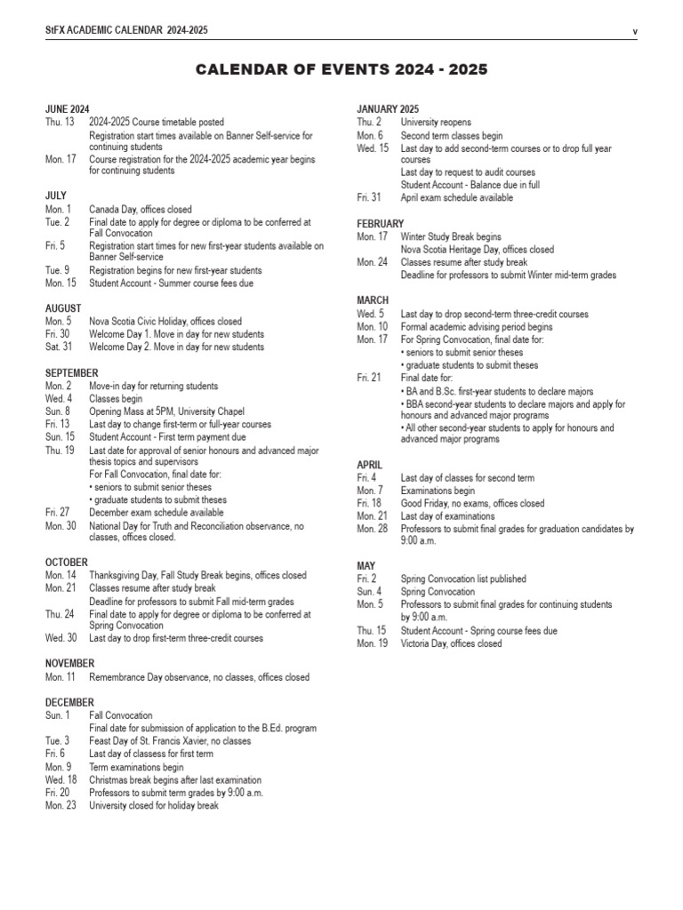StFX Academic Calendar 2024-2025 | PDF | Thesis | Educational Stages