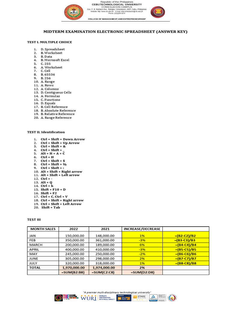 Midterm Exam Answer Key | PDF | Spreadsheet