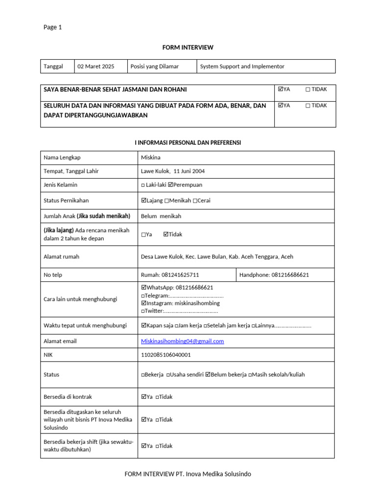 Formulir Interview Inova Medika | PDF
