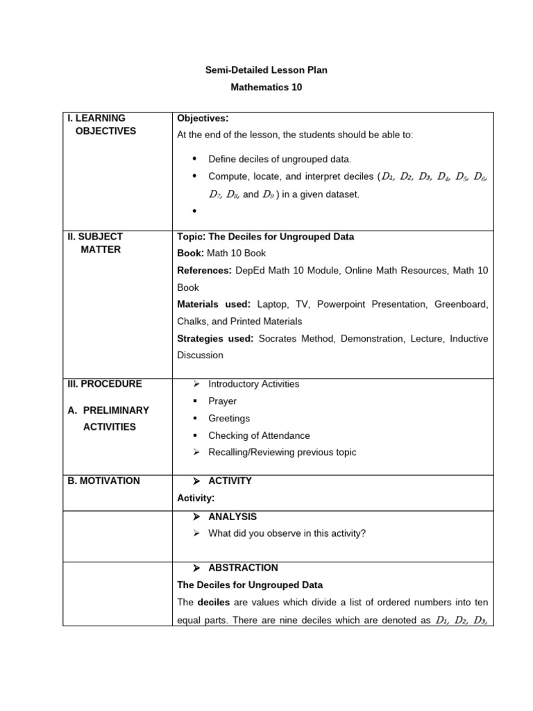 Lesson Plan on Deciles and Percentiles | PDF | Mathematics | Percentile