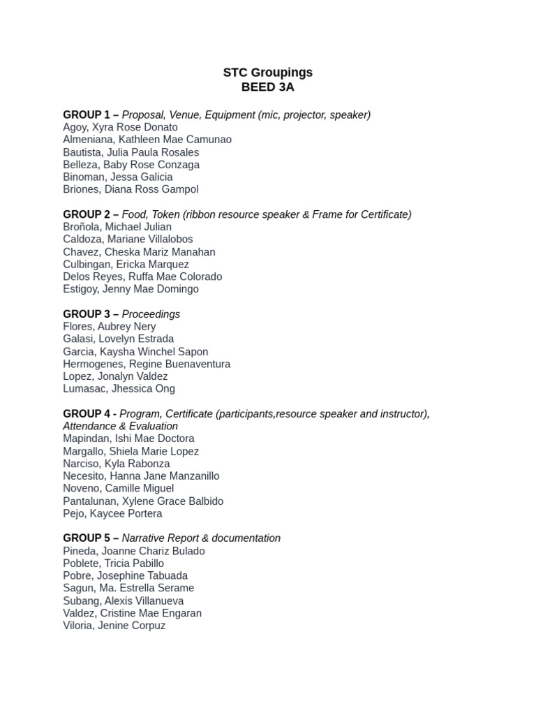 STC Groupings for Event Planning | PDF