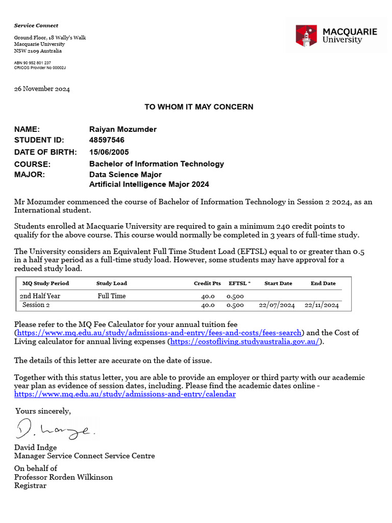 Macquarie University Student Status Letter | PDF
