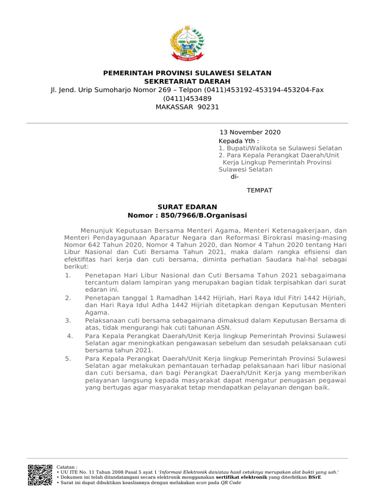 Surat Edaran Libur Nasional 2021 | PDF
