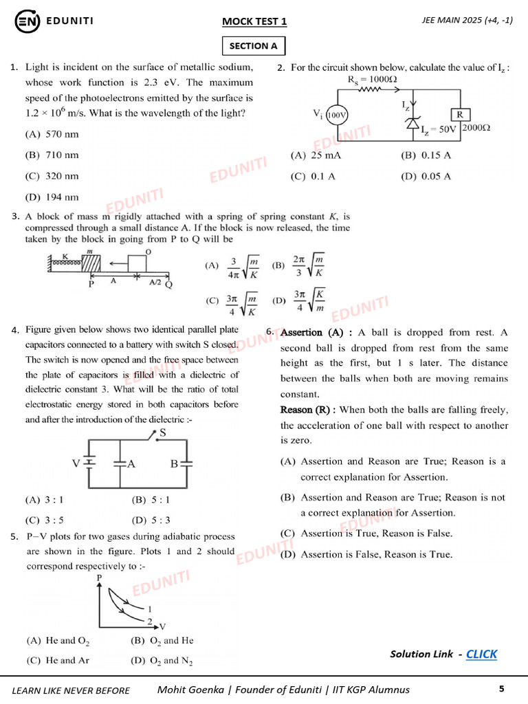 Eduniti JEE Main 2025 Mock Test 1 | PDF