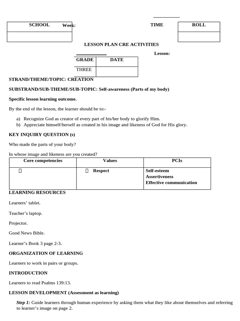 CRE Lesson Plan: Self-Awareness & Choices | PDF | Learning | Lesson Plan