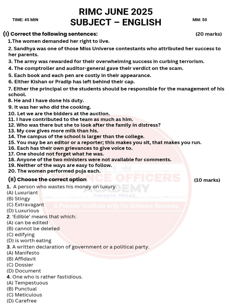 RIMC June 2025 English Exam Paper | PDF