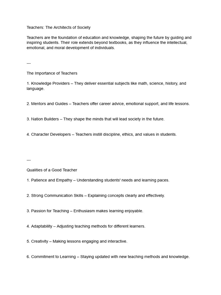 The Vital Role of Teachers in Society | PDF