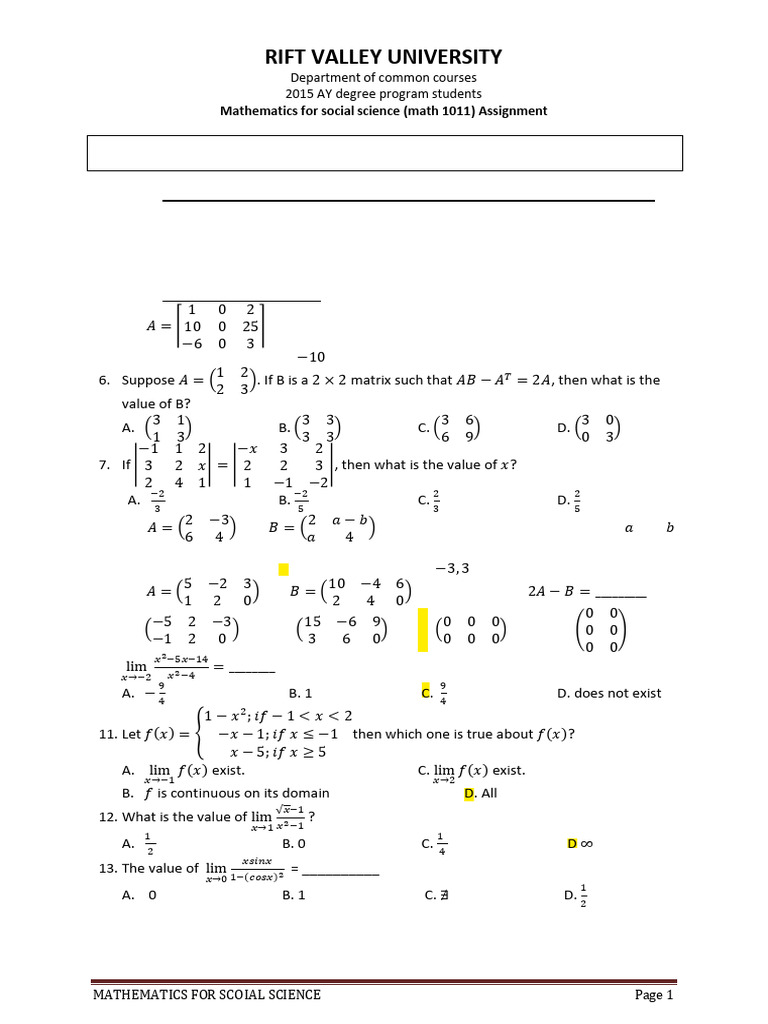 Rift Valley University: Maximum Weight 15% | PDF | Matrix (Mathematics ...