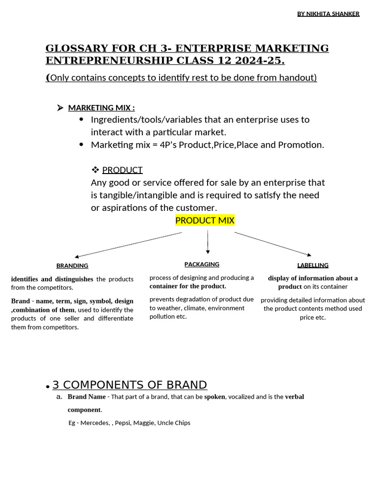 Enterprise Marketing Glossary for Class 12 | PDF | Advertising | Pricing