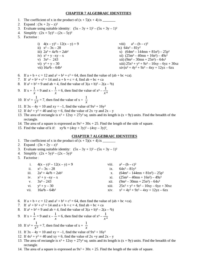 Algebraic Identities Exercises for Class 8 | PDF | Factorization ...