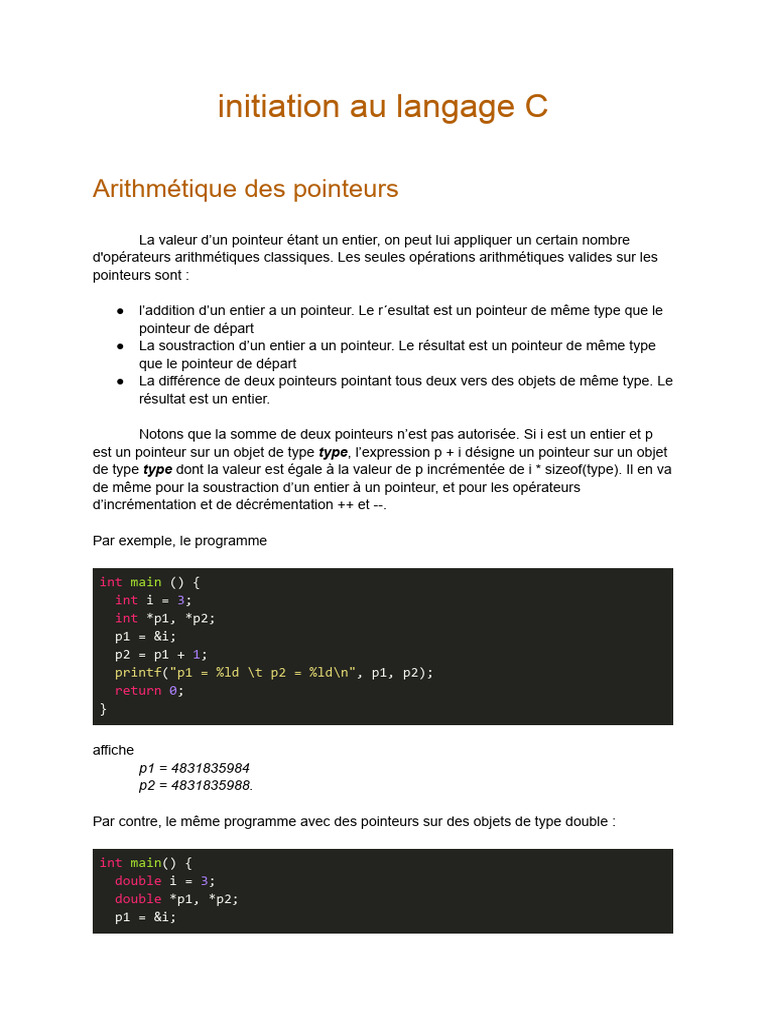Arithmétique et Allocation de Pointeurs en C | PDF | Pointeur ...