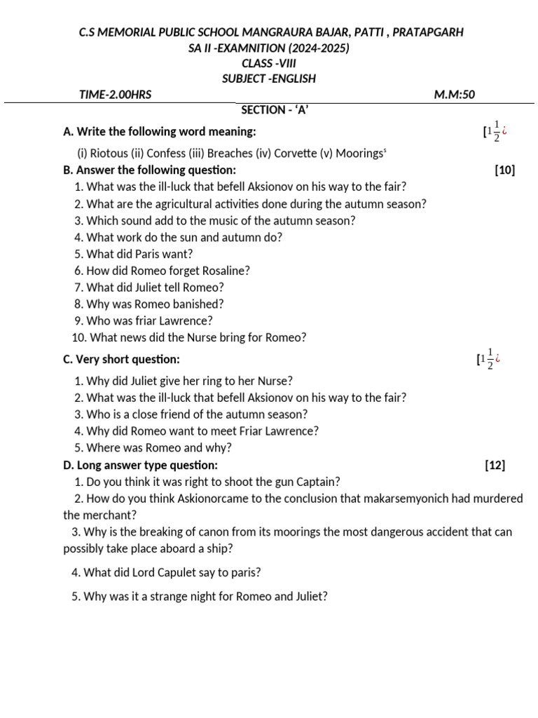 Manju Class 8, Subject e | PDF | Characters In Romeo And Juliet ...